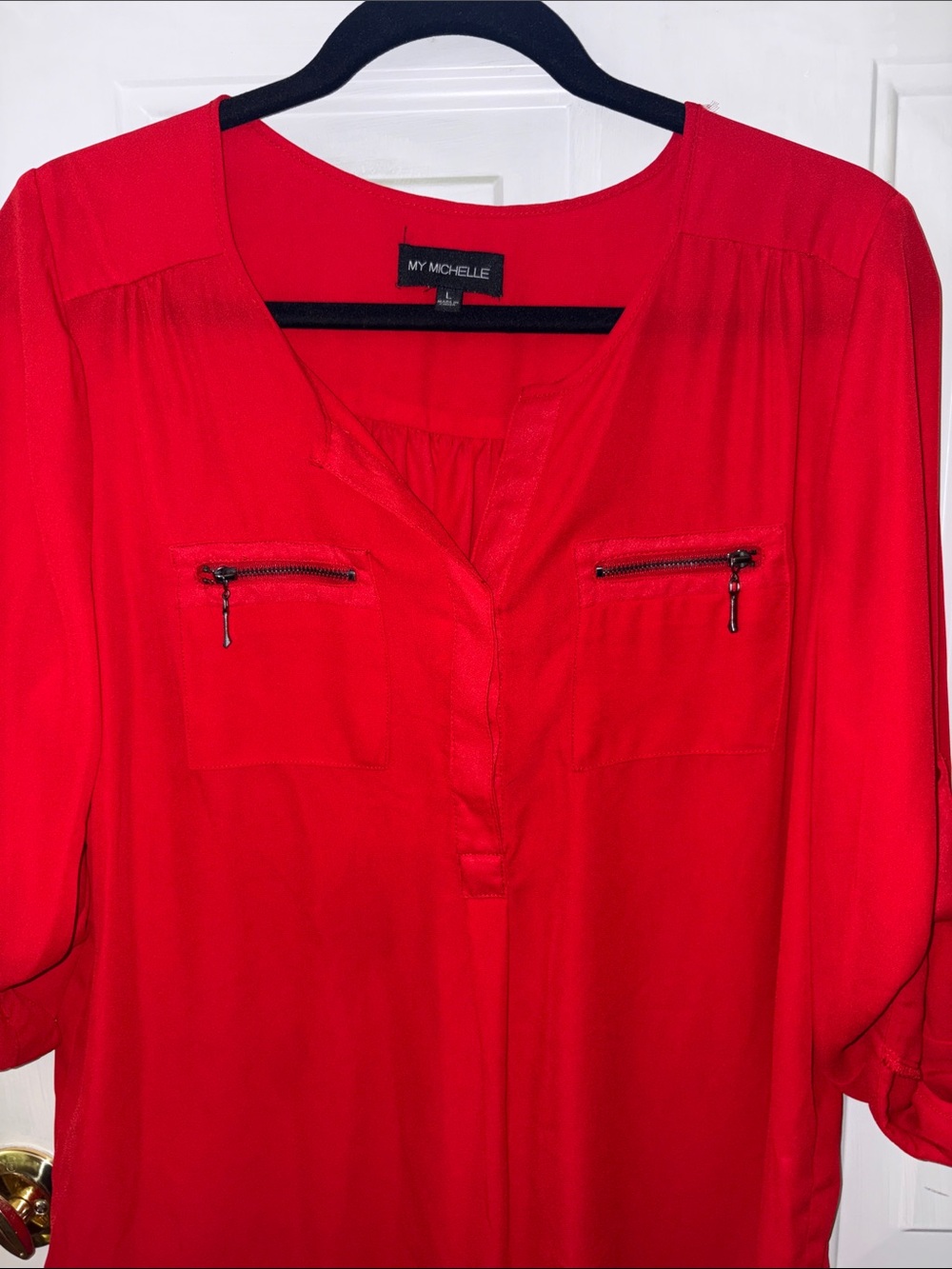My Michelle Bright Red Zip-Pocket Roll-Sleeve Blouse - Picture 3 of 4